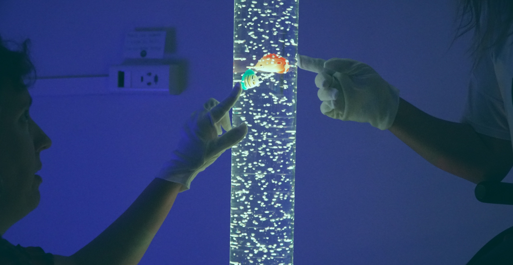 Imagen en la que aparecen dos personas tocando una pecera tubular de luz y colores